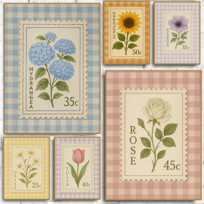 Vintage Floral Symbolism Print Poster Colourful Botanical Flowers with Gingham Canvas Painting Wall Art Living Room Home Decor