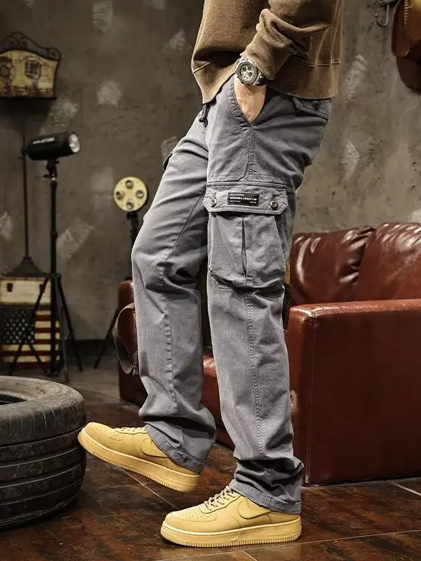 Outdoor Men's Straight Leg Work Trousers Casual Cotton Pants with Drawstring And Multiple Pockets for Spring And Autumn