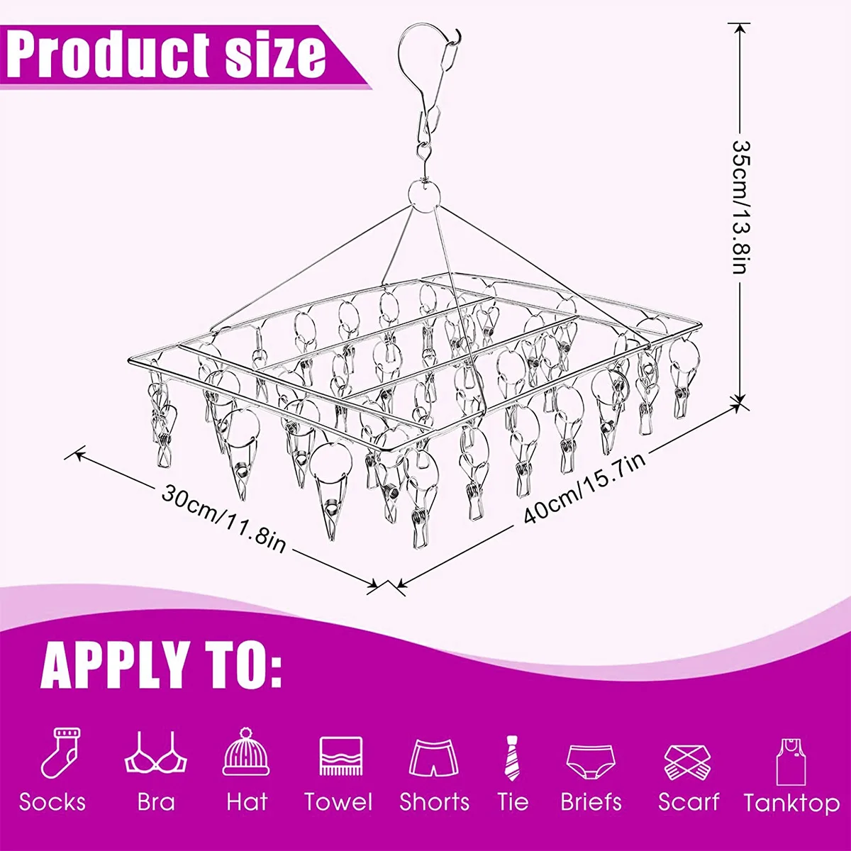 Sock Drying Rack with 36 Pegs Stainless Steel Sock Hanging Rack Swivel Wind-proof Laundry Drip Hanger Foldable Sock Hanger