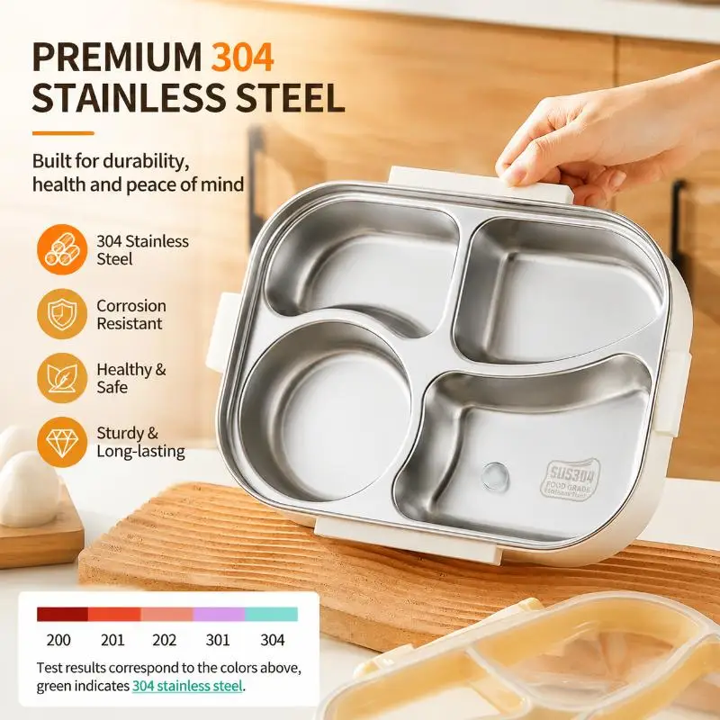 304 Stainless Steel Bento Lunch Box 4 Compartments Leak Proof Design For School Work Outdoor Picnic
