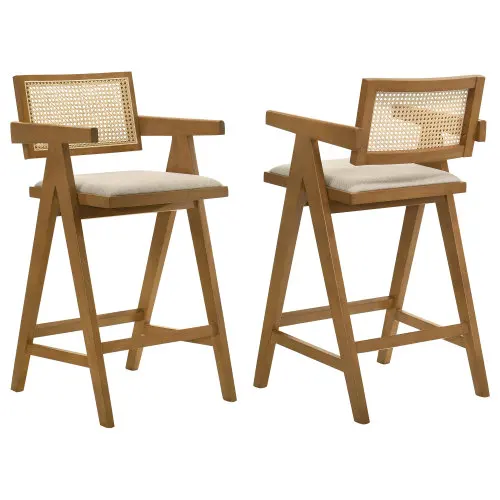 Modern Coffee Cafe Shop Armrest High Counter Kitchen Restaurant Wood Rattan Dining Bar Chair((Set Of 2))
