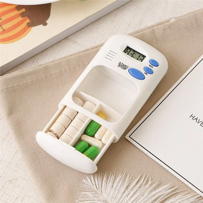 【STOKED】Mini pastillero portátil, temporizador, caja electrónica, organizador, estuche para medicamentos, recordatorio de reloj
