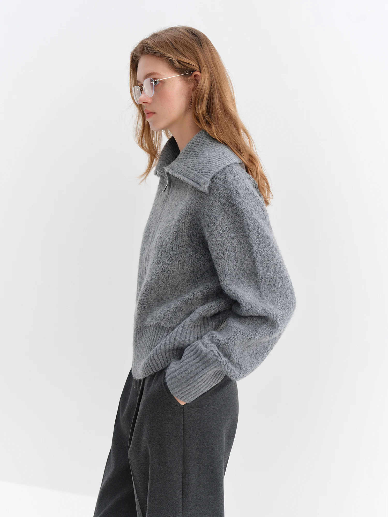 FSLE 2025 Winter Women's Grey Preppy Style Wide Notch Lapel Knit Cardigan - Casual Commute Open Front Sweater for Daily Elegant