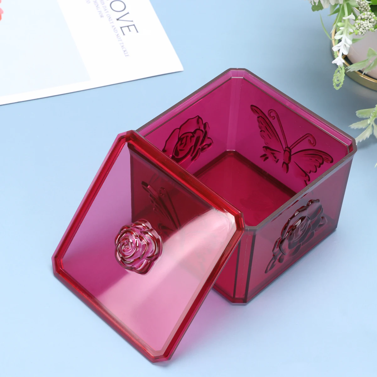 

1pc Makeup Storage Boxes Dust-Proof Plastic Cotton Pad Holder Transparent Wine Red Rose Pattern Organizer For Cotton Swabs
