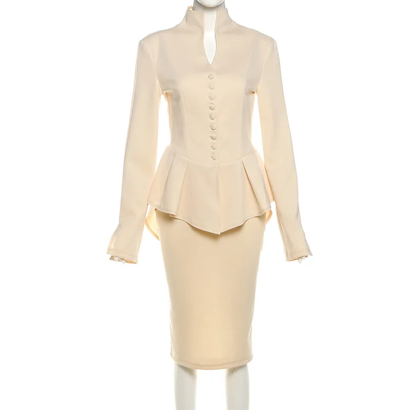 Ensemble jupe de costume pour femmes, 2 pièces, Blazer + robe de bal mi-longue, Beige, rouge, noir, formel, bureau, Sexy, col en V, robe de soirée, veste en coton, automne