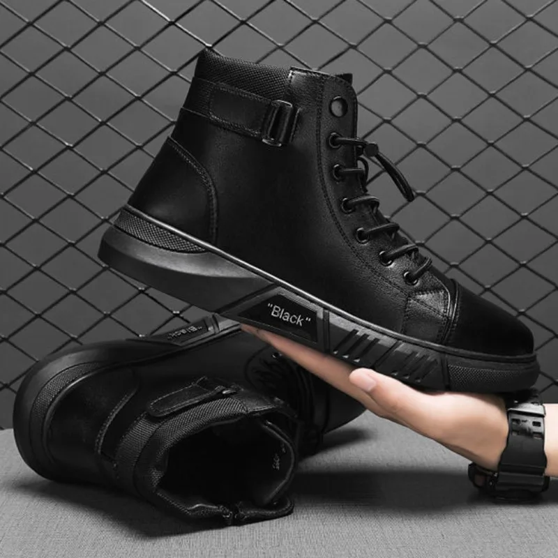 2024 New Mens Boots Fashion Platform Boots High Top Waterproof Leather Boots For Men Motorcycle Boot Big Size48 Botas Masculinas