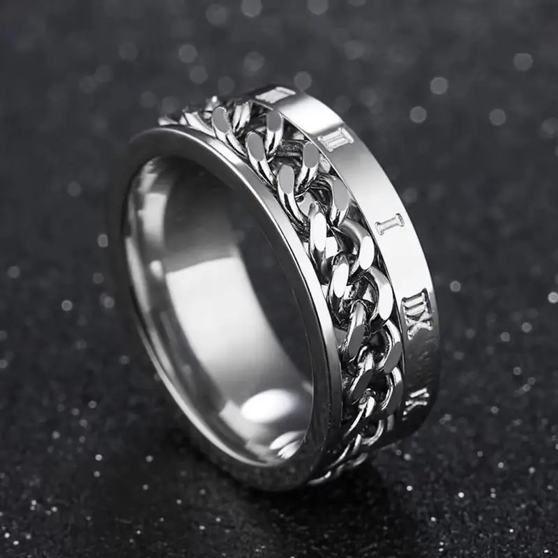 Men's EDC Stainless Steel Finger Fidget Spinner Ring with Rotatable Chain Classical Roman Digital Power Sense Charm Jewelry Gift