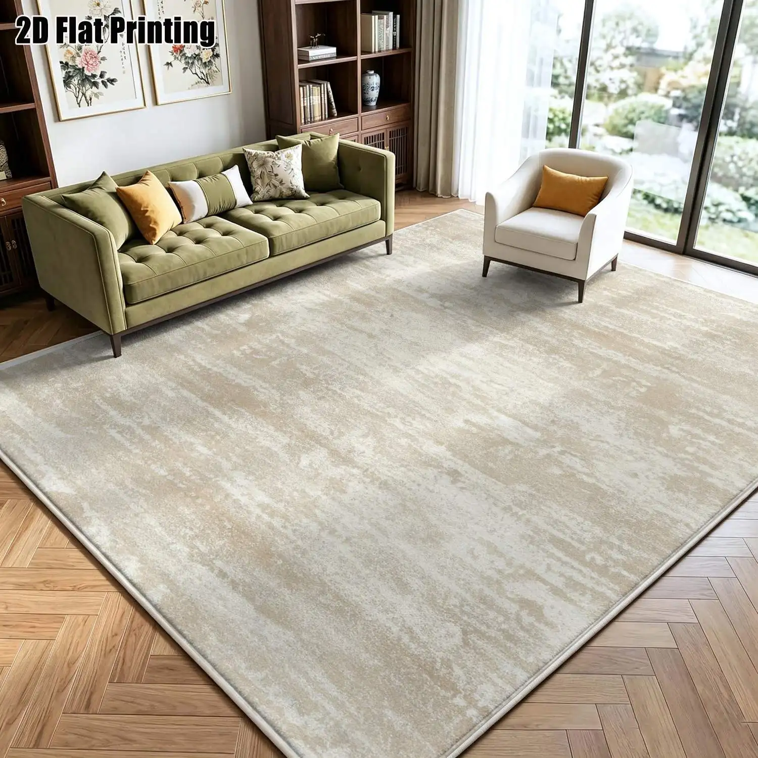 1Pc 2D Printed Beige Velvet Abstract Line Carpet: Nordic, Modern Minimalist, Vintage Geometric Striped, Multi-Size Machine Washable Home Decor Mat for Entryway, Dining Room, Foyer, Bedroom, Living Room