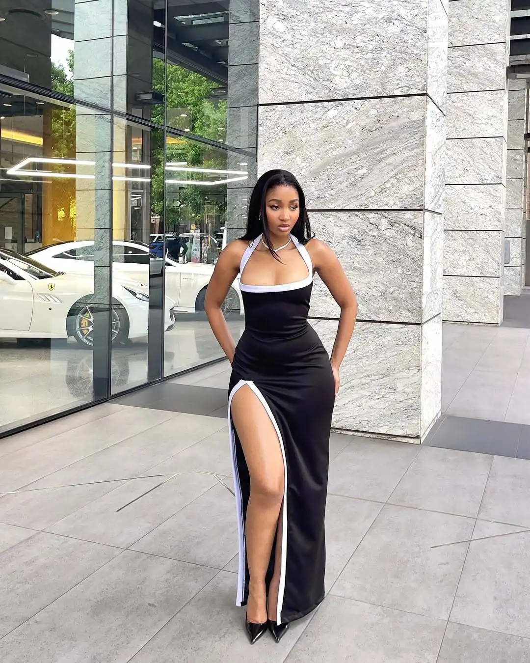 Y6063 レディース ホルターネック 長袖 ハイサイドスリット ボディコン ミディ丈 マキシ丈 ロングドレス 2025 誕生日 休暇 セクシー パーティー ドレス