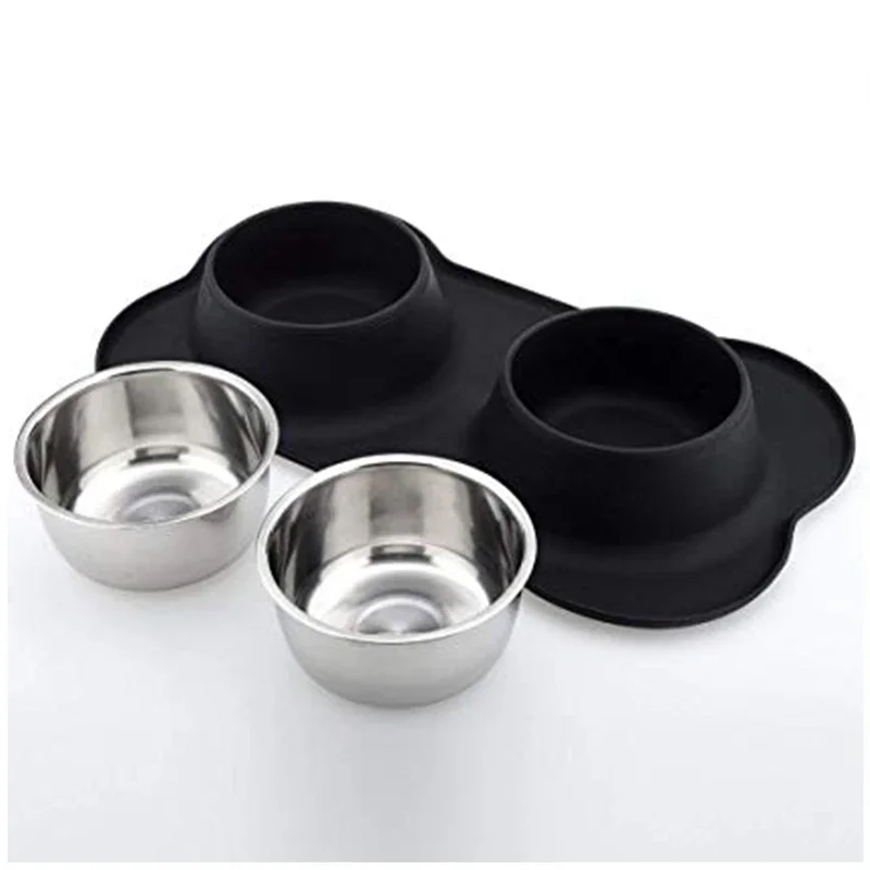 Silicone Dog Bowls Stainless Steel Water and Food Feeder with Non Spill Skid Resistant Silicone Mat for Pets Puppy Small Medi