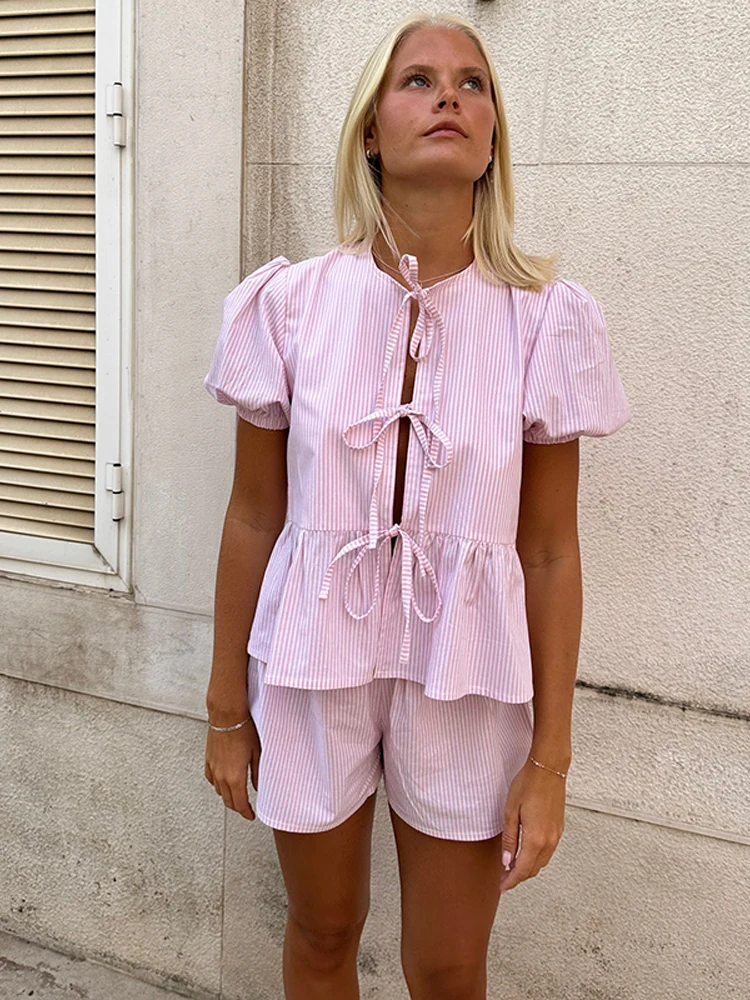 Chic Pink Stripe Ruffle Shirts Shorts 2 Piece Sets Elegant Puff Short Sleeve Lace Up Shirt Suit 2024 Summer Women Street Outfits