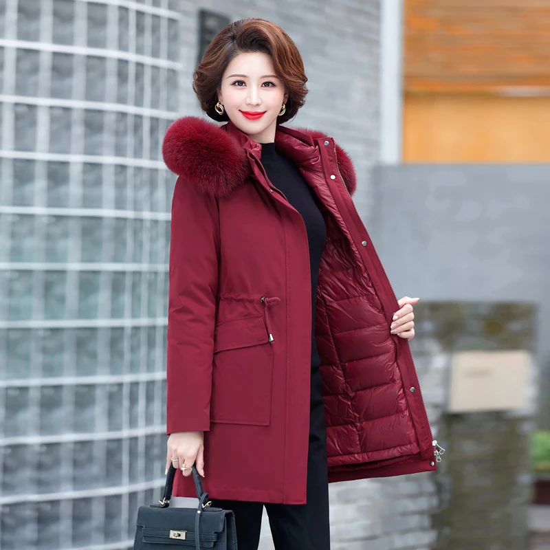 Middle-Aged and Elderly Mothers' Mid-Length Live Face Removable Parka down Jacket Women's Jacket Thickeneded New Style