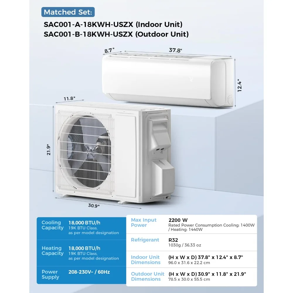 

18000 BTU Mini Split AC/Heating System 20 SEER2 230V Customized Air Conditioner for Cooling Heating Rooms up to 1250 Sq.Ft