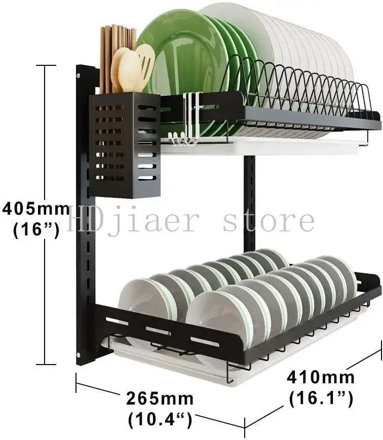 Kitchen Dish Rack,Hanging Dish Drying Rack Organizer Storage Shelf Over Sink,2 Tier Wall Mount Bowl Holder with Drain Tray