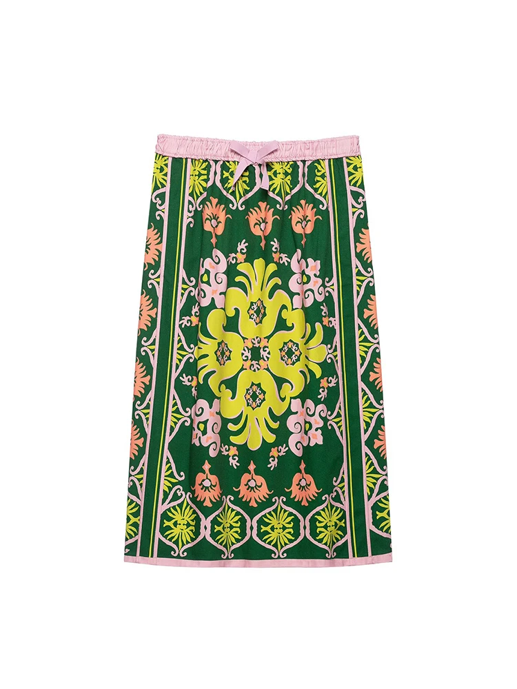TFMLN New Women's Printed Midi Skirts Set 2026 Autumn Bow High Neck Shirt Elastic Waist Straight Skirt 2 Piece Elegant Outfit image 4
