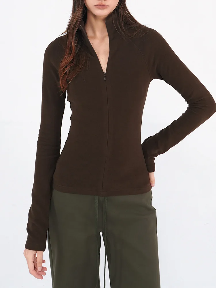 Half-collared Elastic Thick Fleece Pullover With Zipper Long Sleeves Fitted Design Warm And Waist-revealing Inner Layer For Wome