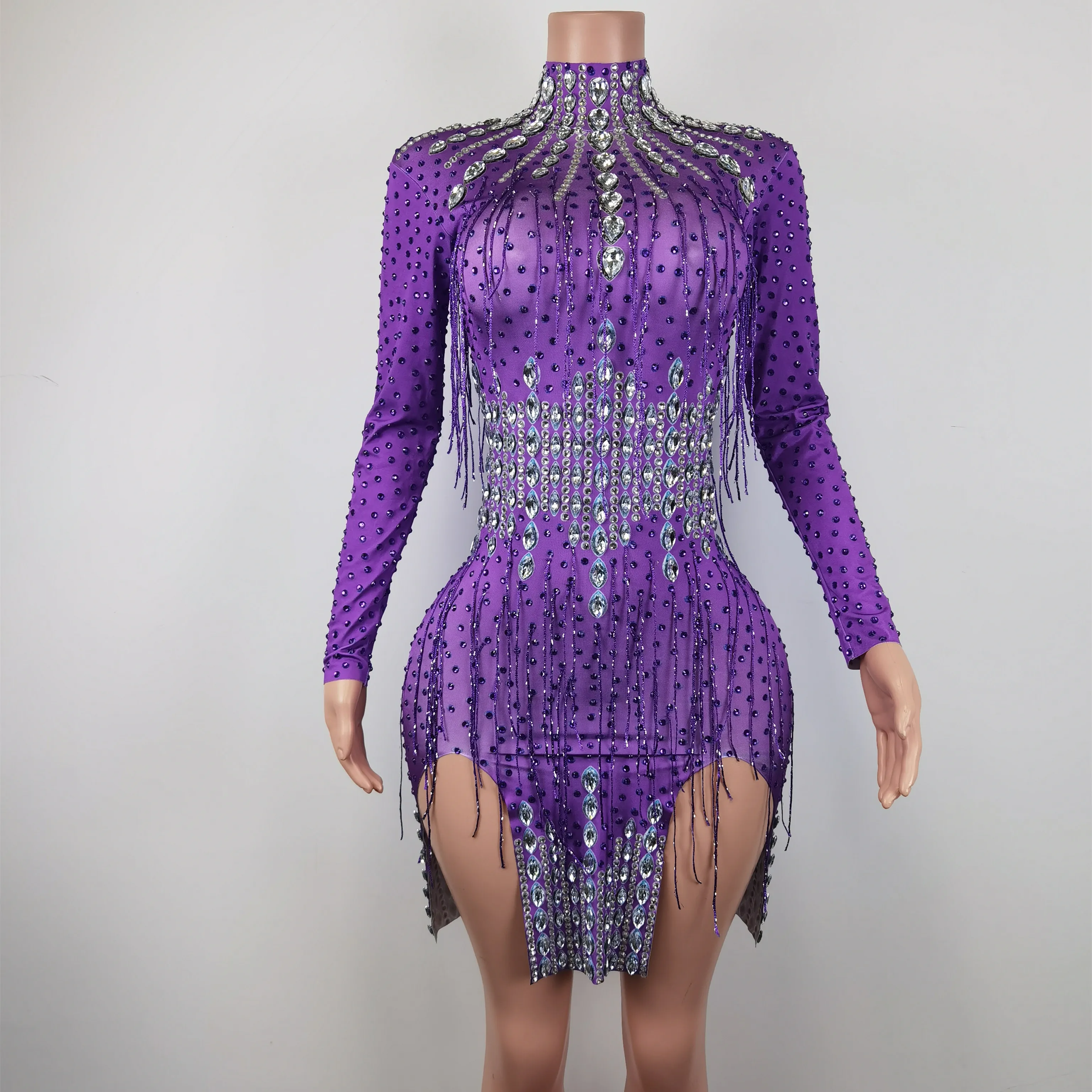 

Модное фиолетовое облегающее платье со стразами и кисточками на день рождения, банкетное облегающее платье, женское мини-платье для ночного клуба, вечернее платье, танцевальный костюм для шоу