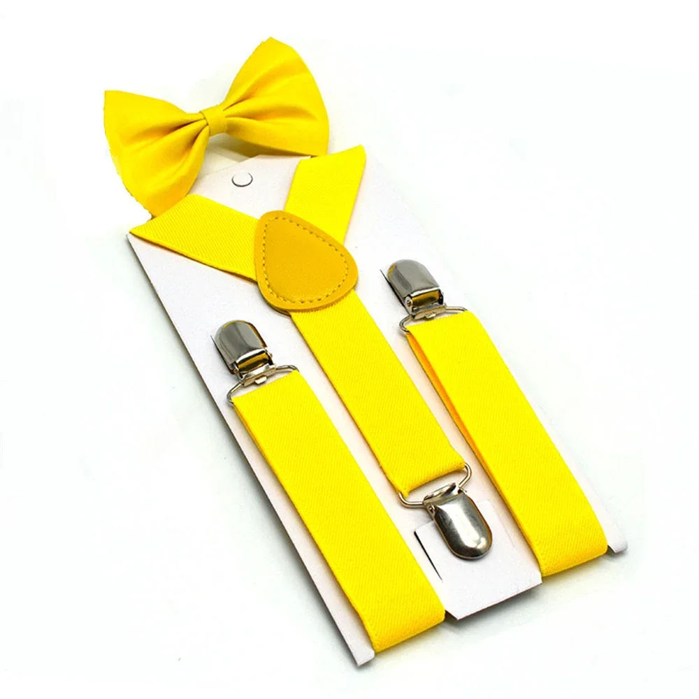 RAINIE SEAN Yellow Kids Suspenders Bowtie Set Solid Children Suspender Dress Wedding Baby Girls Brace 3 Clps Fashion Adjustable