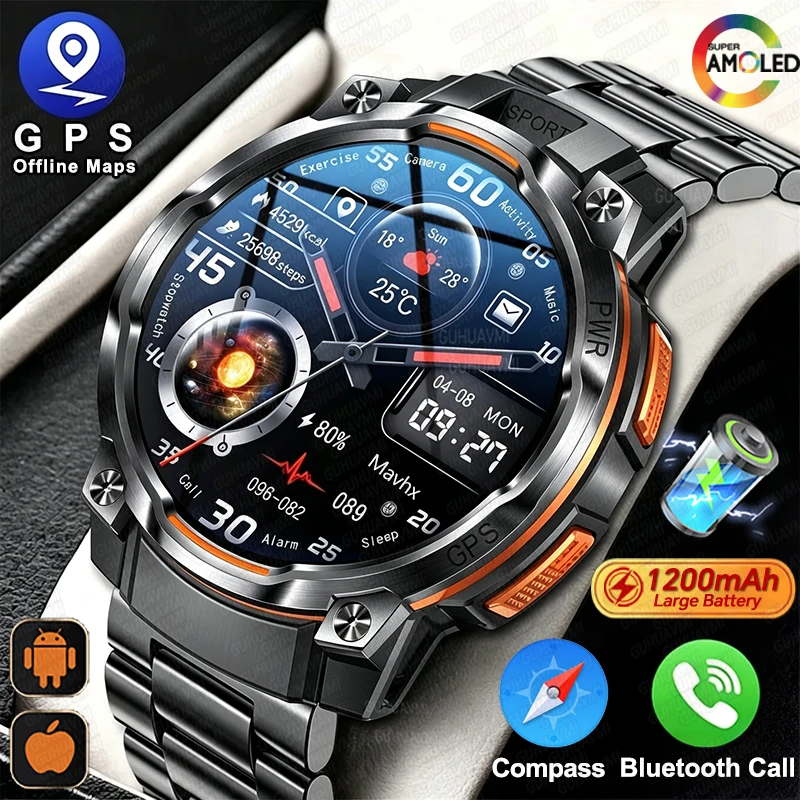 2026 New GPS Offline Map Smart Watch Men AMOLED 1200mAh Compass Flashlight Waterproof Watches Chat-GPT Voice Call Digital Clock