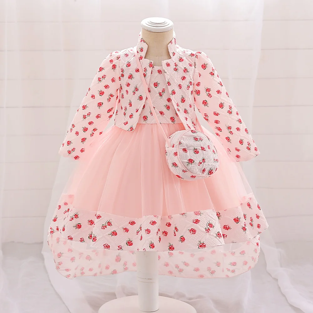 Baby Girl Dress with Bags Toddler Pink Bow Flower Bridemaids Party Dresses for Girls Long Sleeve Birthday Prom Costumes 1-2 Yrs