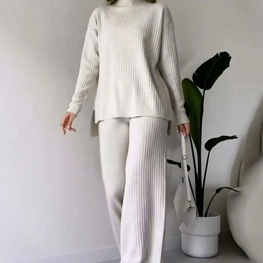 Casual Daily Commuting Outfit Cozy Knitted Women\'s Pajama Set with High Collar Top Wide Leg Trousers for Fall Winter Loungewear