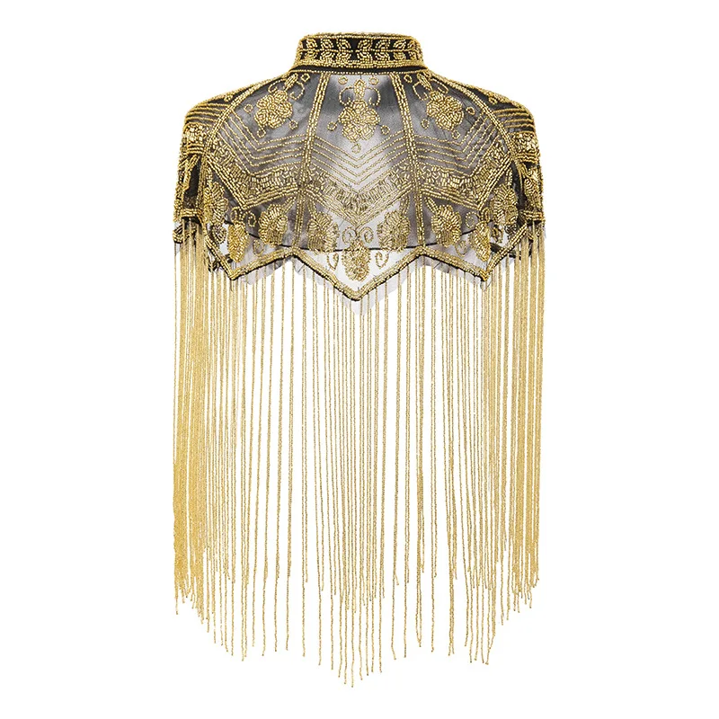 Retro Sequins Shawl Handmade Tassel Cape Women European American Style Outerwear For Banquet Party Evening