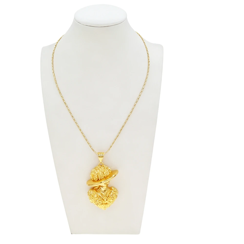 Trendy 3D Lady Figure Pendant Necklace Gold Plated Rose Textured Chain for Women