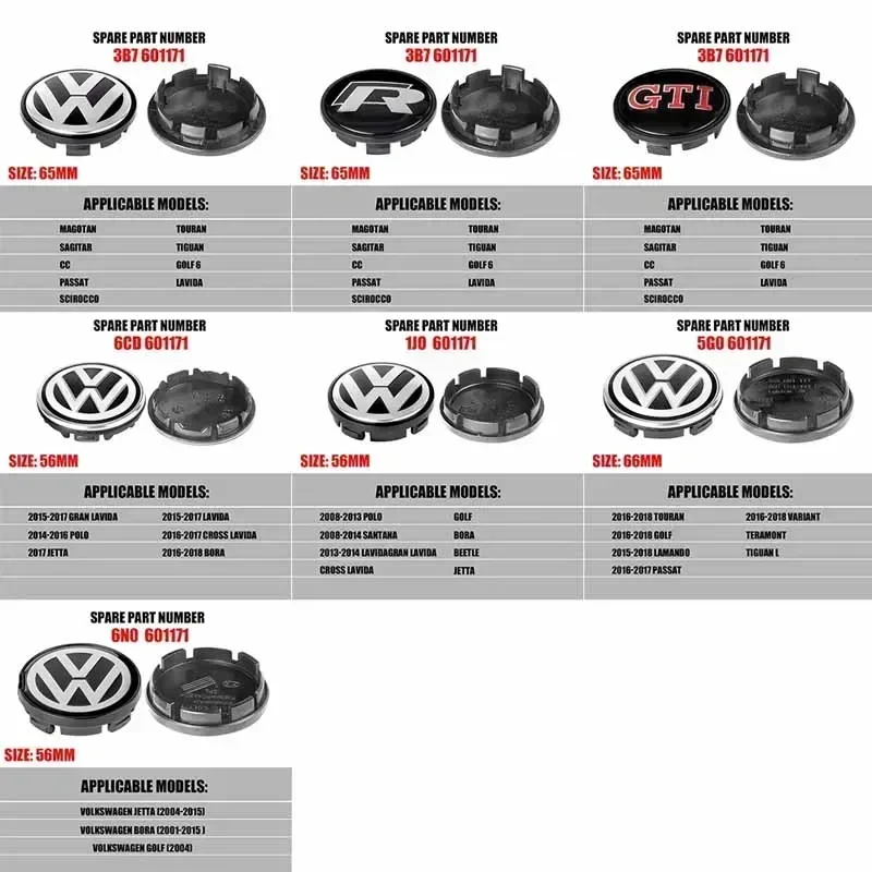 56mm/65mm/66mm Car Wheel Center Hub Caps-Compatible with VW GTI, Golf, Tiguan, Beetle, Passat & More - Universal Fit Accessories