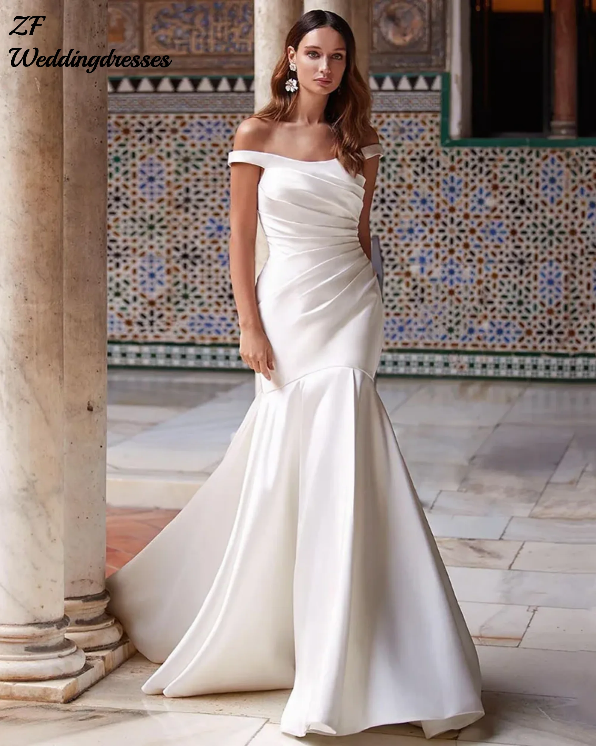 맞춤형 새틴 머메이드 웨딩 드레스 오프숄더 플리츠 버튼 보헤미안 파티 신부 드레스