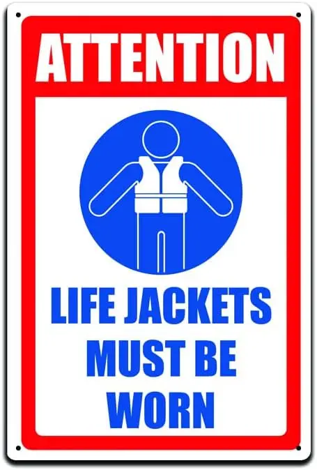 JP's Parcels Tin Signs Boat Dock Ship Lake Ramp Sign - Metal Sign 12 x 8 in. Life Jackets Must Be Worn Attention sign