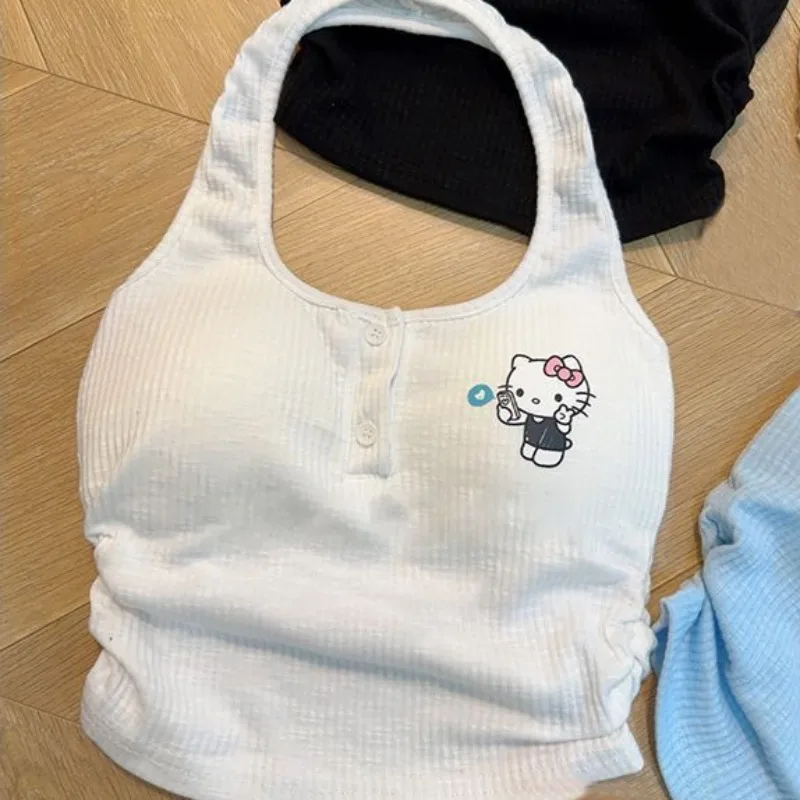 Sanurgente Hello Kitty Precious Top Y2k pour femme, court, serré, sangle de cou, dessin animé, filles mignonnes, haut en fibre précieuse, cadeaux, été