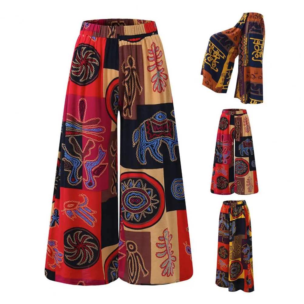 Fashion Ethnic Style Lightweight Multicolor Abstract Print Long Wide Leg Trousers Comfy Lady Slacks Daily Clothing