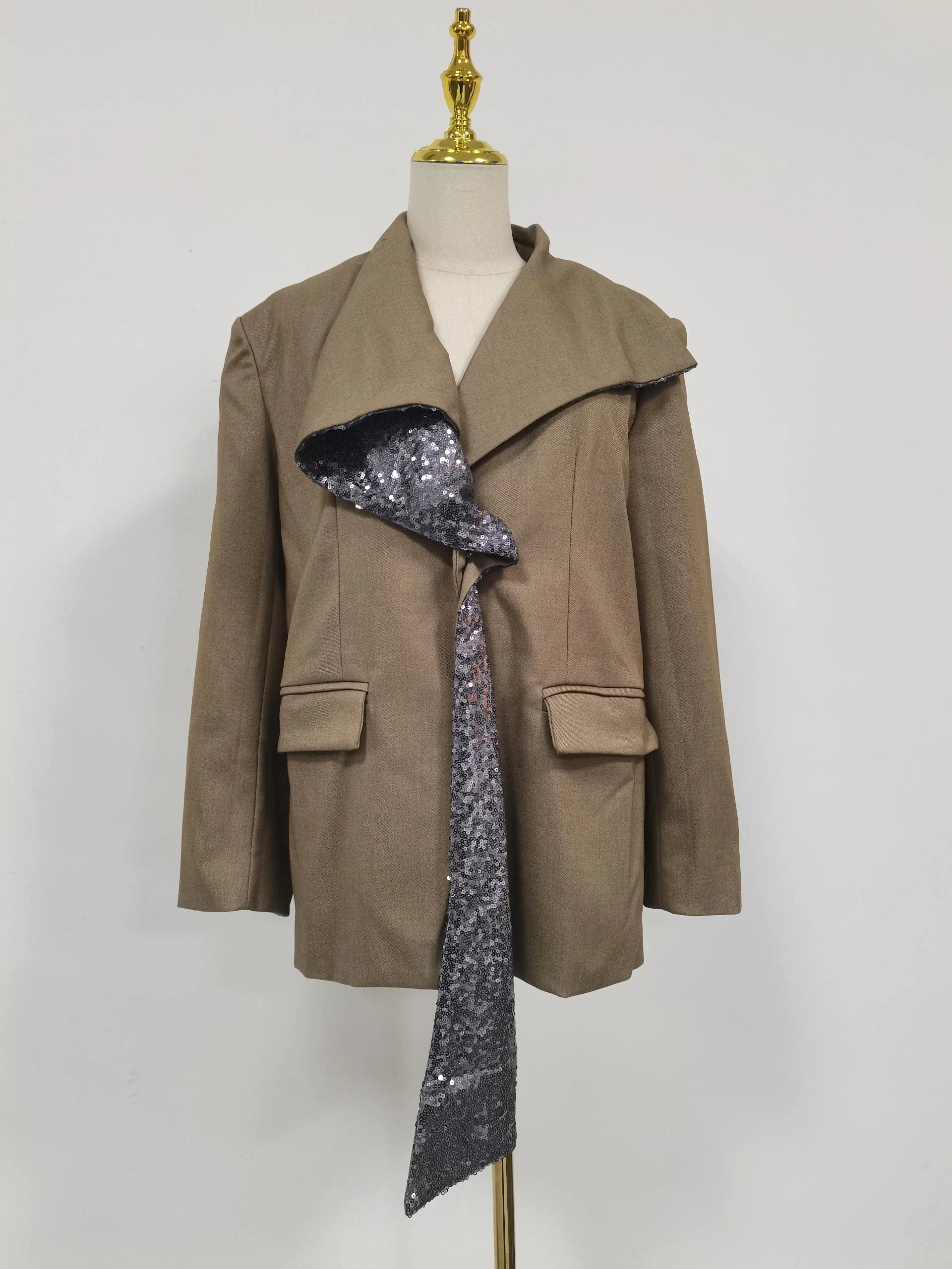CHICEVER Vintage Patchwork Sequins Blazer for Women Lapel Long Sleeve Spliced Pockets Loose Spring Coat Female Clothes Fashion