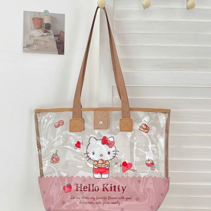 

Sanrio High Quality Waterproof Transparent Shoulder Bag Student Cartoon Hello Kitty Large Capacity Storage Handheld Beach Bag