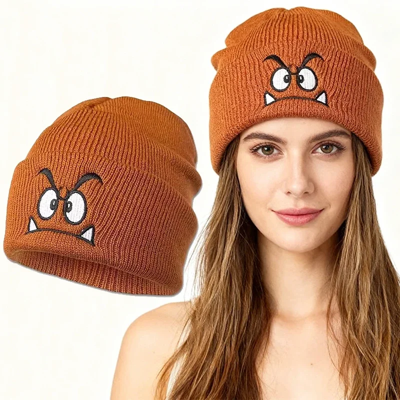 Women's Men's Angry expression embroidered knitted hat warm woolen hat outdoor sports events in autumn and winter