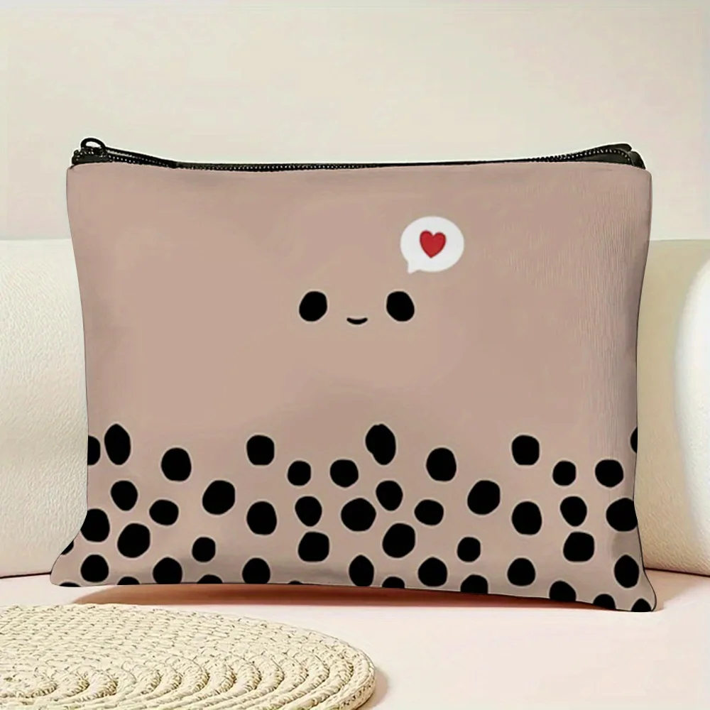 1 Piece Kawaii Bubble Tea Heart-Shaped Pearl Milk Tea Pattern Makeup Bag - Jewelry Storage Bag, Perfect Travel Zipper Storage Bag, Fun Birthday Gift