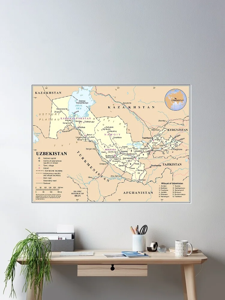 Uzbekistan Political Administrative Province Road Highway Rail City Country Map, Art Print Canvas Poster, Living Decor Home
