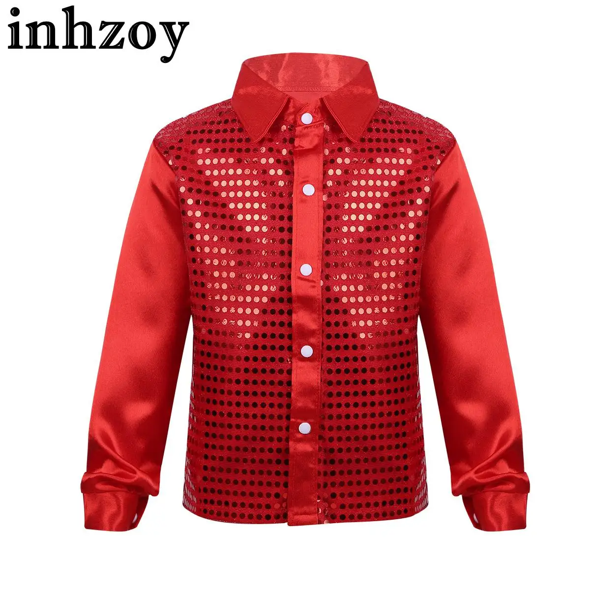 Kids Boys Hip Hop Jazz Dance Costume Long Sleeve Shiny Sequin Shirt Top Ballroom Disco Party Choir Stage Performance Dancewear