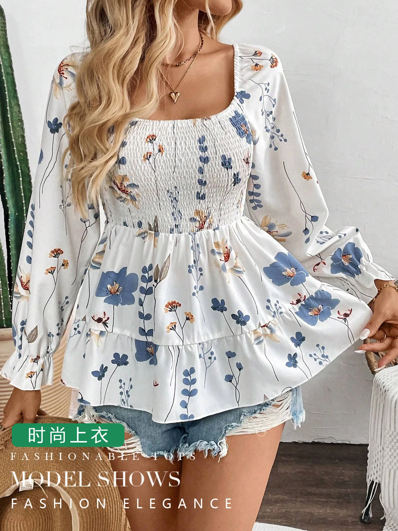 Camiseta de manga larga con corsé y estampado de flores para mujer, Top elegante transfronterizo 2025, Cw18135