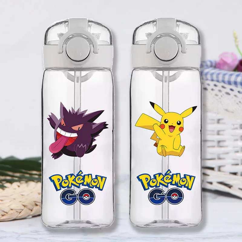 Vasos con pajita de plástico transparente de Pokémon de 400ml, botellas de agua portátiles para exteriores de Pikachu de dibujos animados, suministros para beber para niños y niñas, regalo