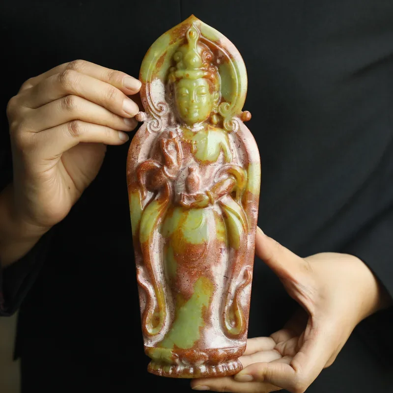 

China old natural jade hand-carved statue buddha guan yin 9.8 inch a1