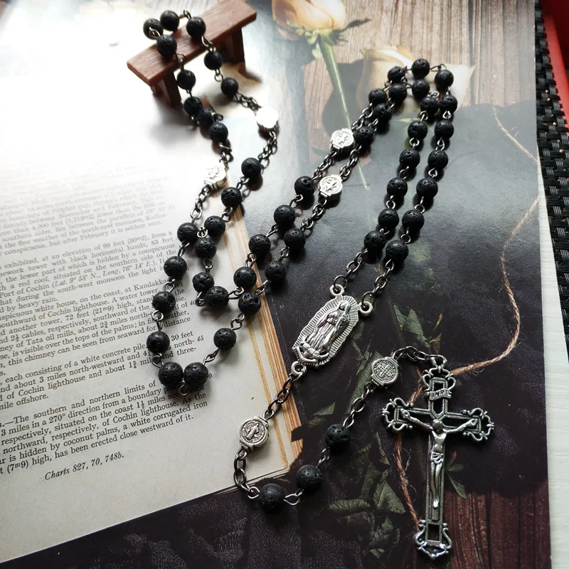 Black Volcanic Stone Prayer Bead Chain Catholic Crucifix Cross Pendant Rosary Necklace Our Lady Medal Saint Benedict Jewelry