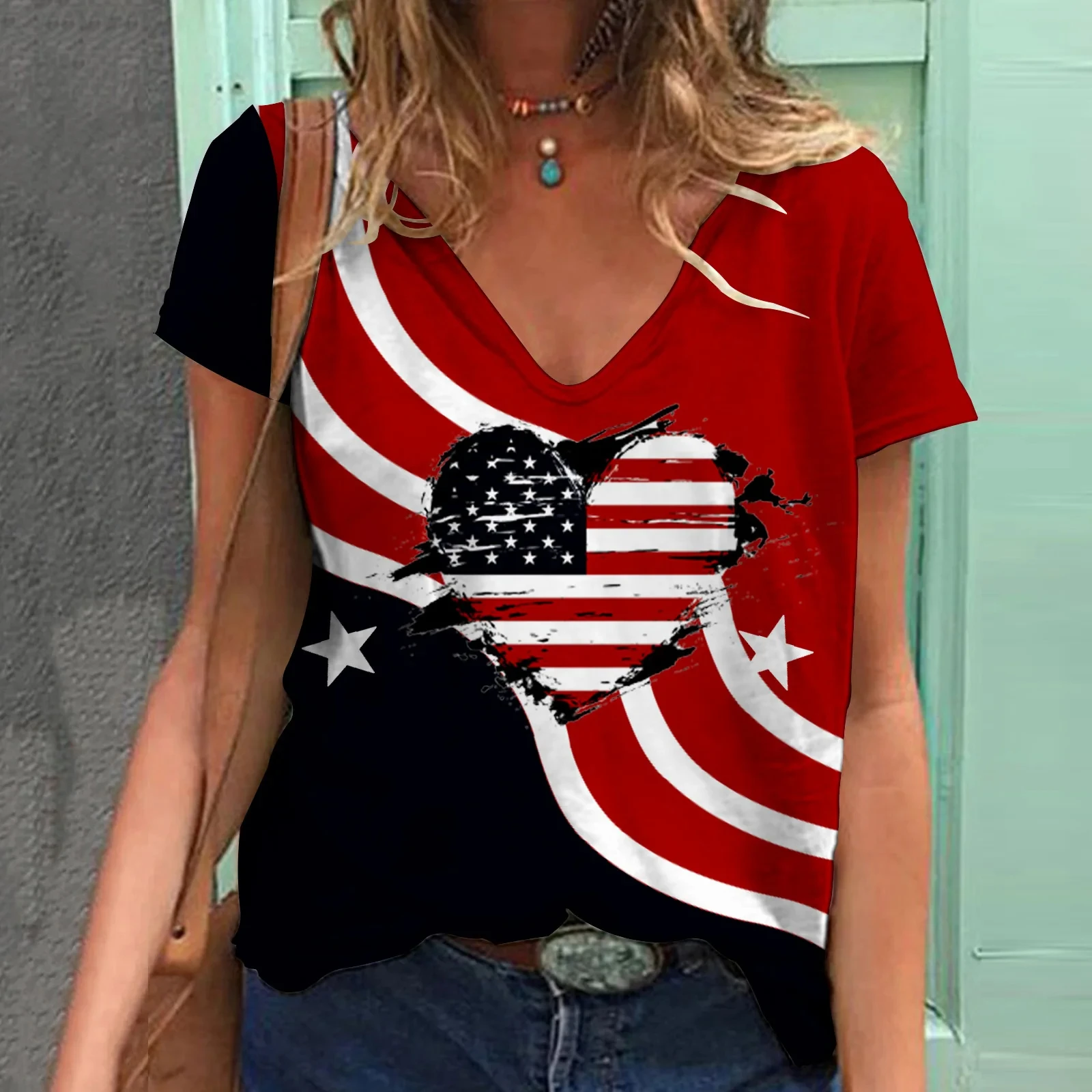 Fashion Women\'s 3D Print T Shirt USA Flag  Harajuku T-shirt Summer  Kawaii Tees V Neck Pluse Size Top American Lady Y2k Clothing