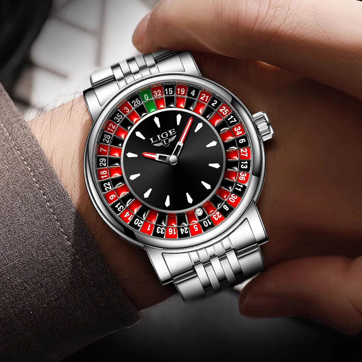 LIGE Fashion Men Watch Rotating Dial Las Vegas Roulette Desktop Theme Watch Men Waterproof Luminous Stainless steel Clock Watch
