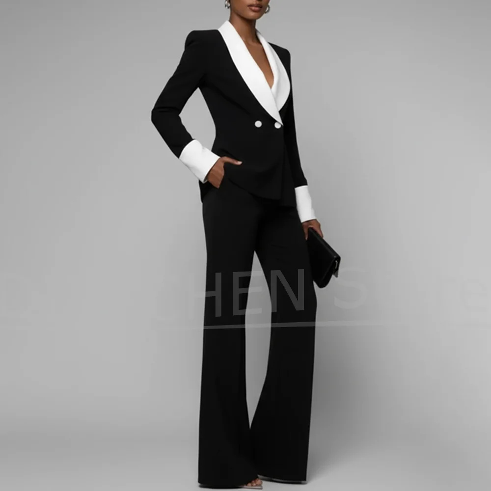 

Женский черно-белый костюм с контрастной отделкой и расклешенными брюками, двубортный модный вечерний наряд из двух предметов