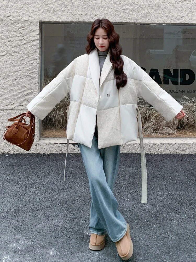 Luxury Plaid patchwork down jacket Women's Warm Winter Streetwear Sashes Short puffer coat Oversize 2026 New outwear INKEO DJ629
