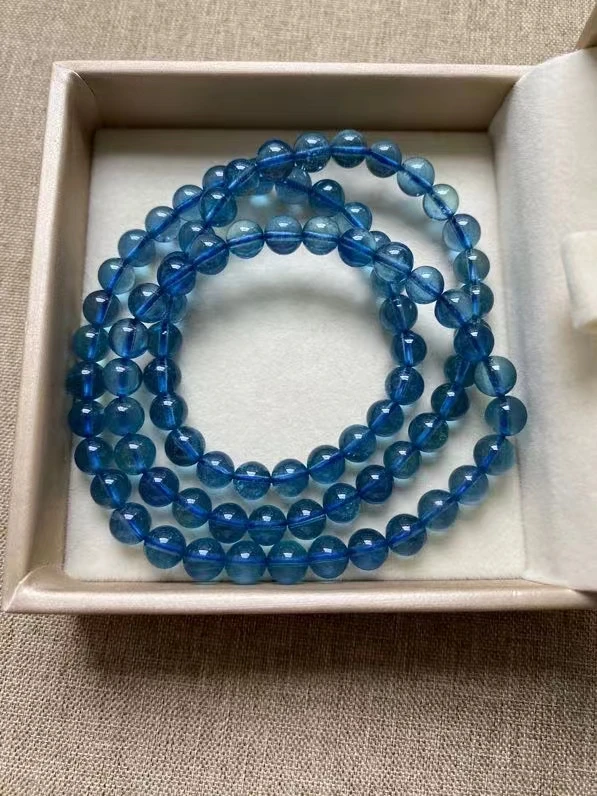 Natural Blue Aquamarine Quartz 3 Laps Bracelet 6.9mm Clear Round Beads Gemstone Wealthy Stone For Women Men AAAAAAA