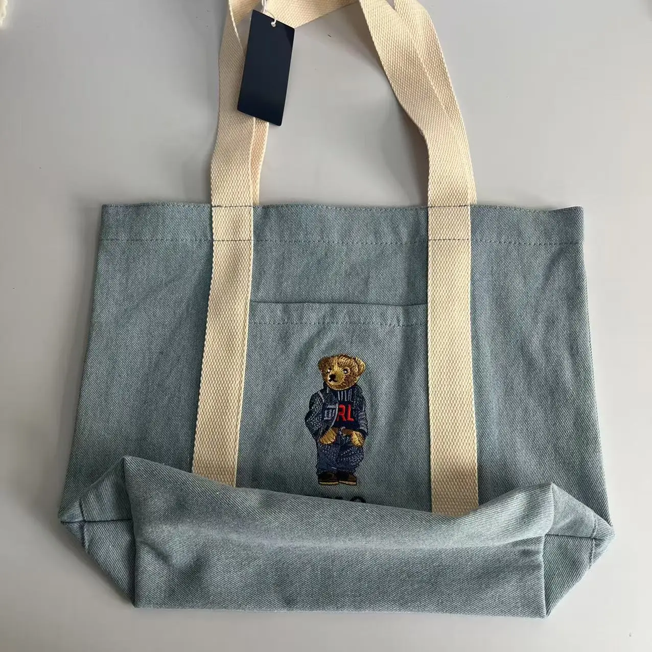 

Холщовая сумка с вышивкой милого медведя — большая джинсовая сумка для покупок, регулируемая сумка через плечо с усиленными ласточками