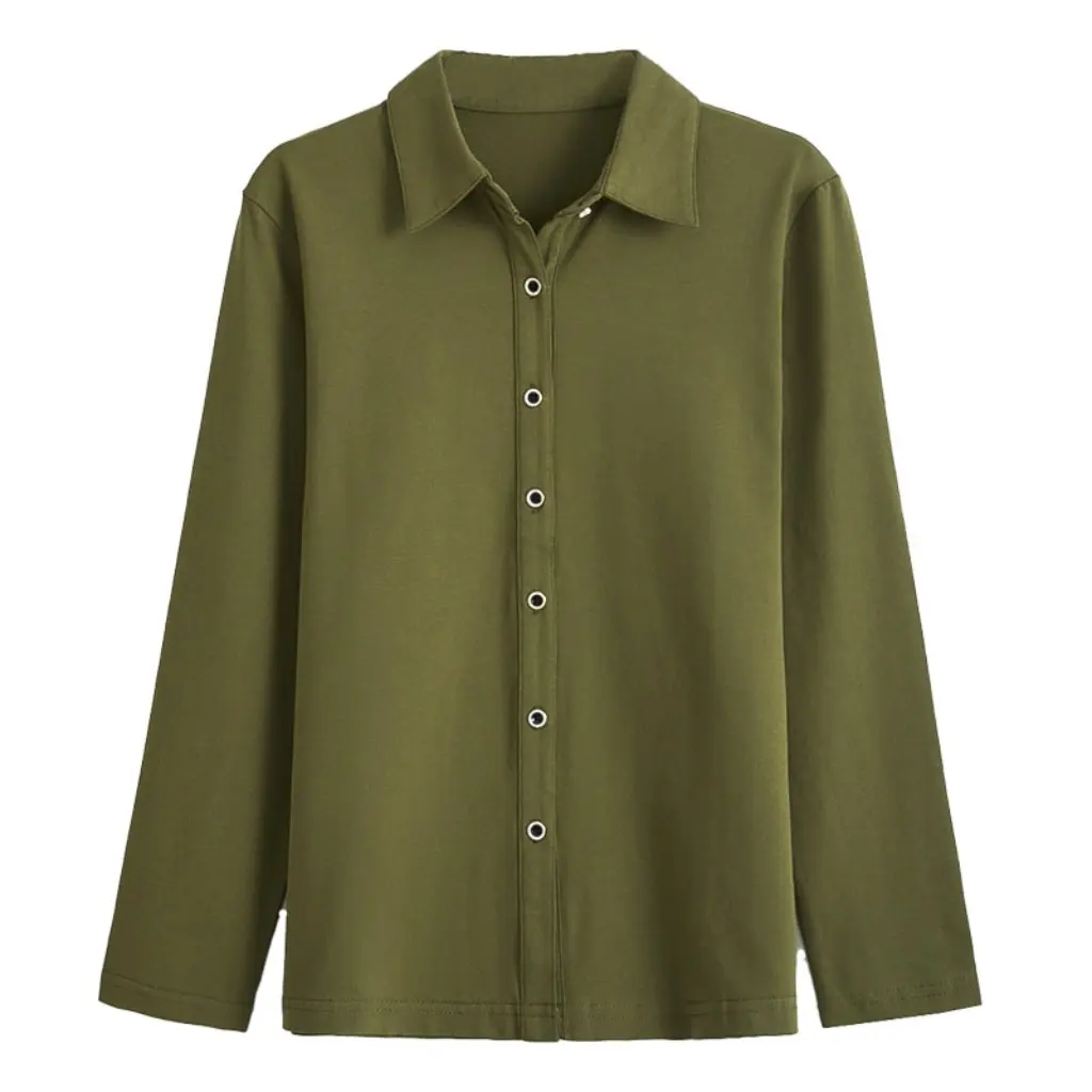 

Сплошная цветная футболка с длинным рукавом для женщин, хлопковая рубашка поло в корейском стиле с пуговицами, профессиональный топ