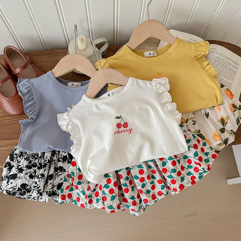 2024 Summer Kid's Clothing Set Girl's Cartoon Printed Tee and Floral Shorts 2Pcs Children's Outdoor Sleeveless T-shirt Suit